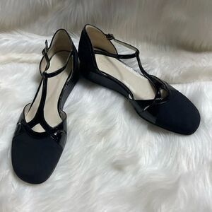 Rangoni black patent leather and nylon ankle T Strap wedge shoes size 10 .